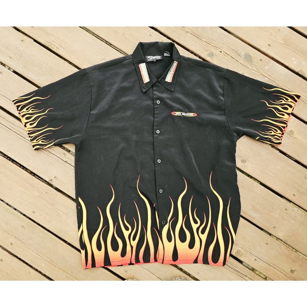 Vintage Y2K Dragonfly Fire Flame Mens XL Short Sleeve Black Button Shirt Diesel